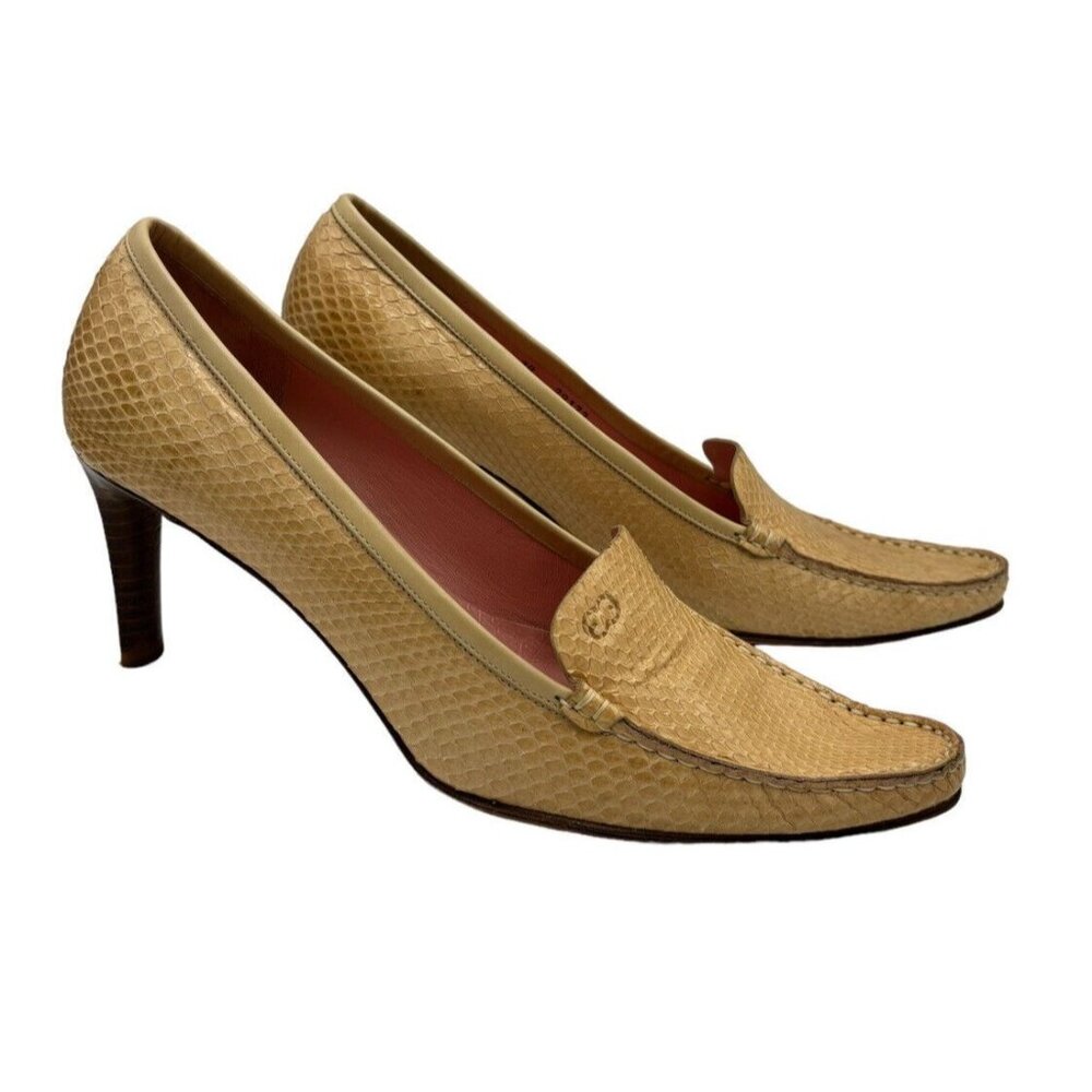 Escada Mocassin Mule Shoe Heel Tan Slip on Pointy Toe Snake US 8.5 EU 39 Italy